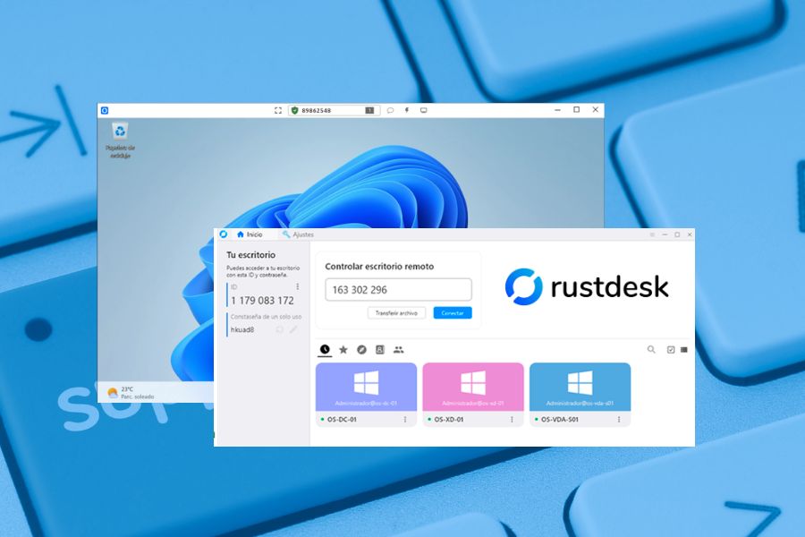 Cliente de RustDesk en español sobre Windows 11 mostrando el ID de conexión, la contraseña de un solo uso y la lista de equipos guardados